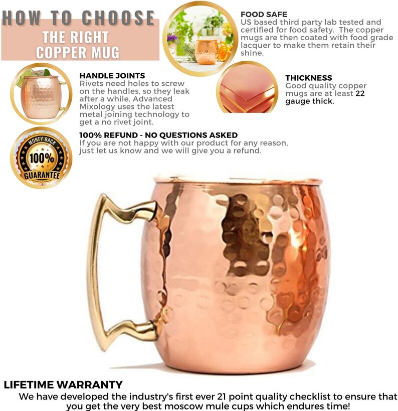 Puede incluir: Un mug de cobre martillado para Moscow Mule con un asa dorada. El mug es de calibre 22 y apto para alimentos. El texto "HOW TO CHOOSE THE RIGHT COPPER MUG" est&aacute; en la parte superior de la imagen. El texto "100% REFUND - NO QUESTIONS ASKED" est&aacute; en el medio de la imagen. El texto "LIFETIME WARRANTY" est&aacute; en la parte inferior de la imagen.