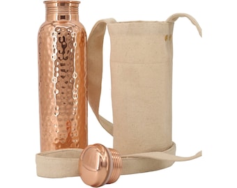 Botella de agua de cobre puro (1000 ml) con bolsa de lona para transporte / Probada en laboratorio, resistente y a prueba de fugas.