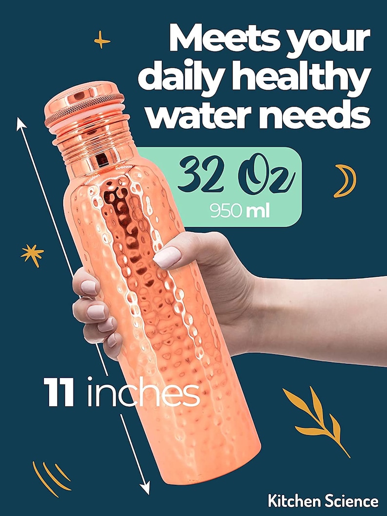 Pure Copper Water Bottle (34oz/1000ml) w/ a Carrying Canvas Bag | Lab-Tested, Heavy Duty & Leak-Proof image 5