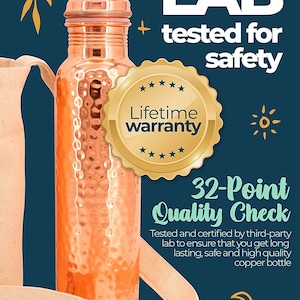 May include: A hammered copper water bottle with a lid. The bottle is on a white fabric background. The image includes the text "LAB tested for safety", "Lifetime warranty", "32-Point Quality Check", and "Kitchen Science".