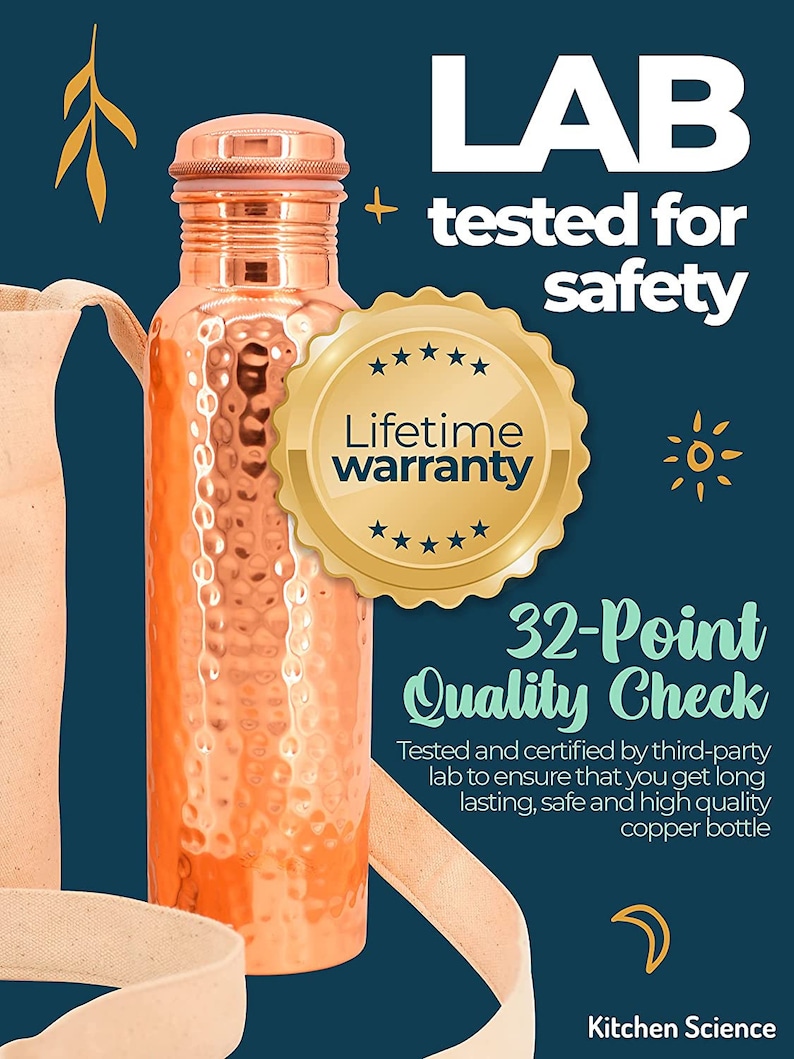 May include: A hammered copper water bottle with a lid. The bottle is on a white fabric background. The image includes the text "LAB tested for safety", "Lifetime warranty", "32-Point Quality Check", and "Kitchen Science".