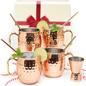 Stainless Steel Lined Copper Moscow Mule Cups Set of 4 (18oz) w/ 4 Straws, 1 Jigger, 1 Brush | Wedding, Anniversary Gift Set
