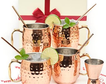Juego de copas Moscow Mule de cobre revestidas de acero inoxidable: regalo de bar (18 oz)