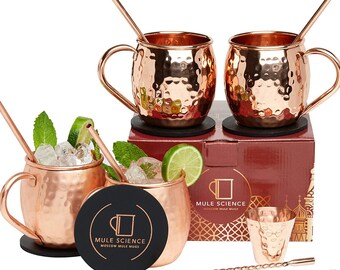 Moscow Mule Copper Mugs Set of 4 Pure Solid 18oz Cocktail Bar Straws Jigger Coasters Recipe Book 