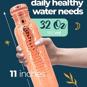 May include: A hammered copper water bottle with a lid. The bottle is 32 fluid ounces or 950 millilitres and is 11 inches tall. The text "Meets your daily healthy water needs" and "Kitchen Science" are also visible.