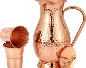 Jarra grande de cobre puro (2000 ml) con 2 vasos elegantes para agua potable / Jarrón / Juego de jarra de agua