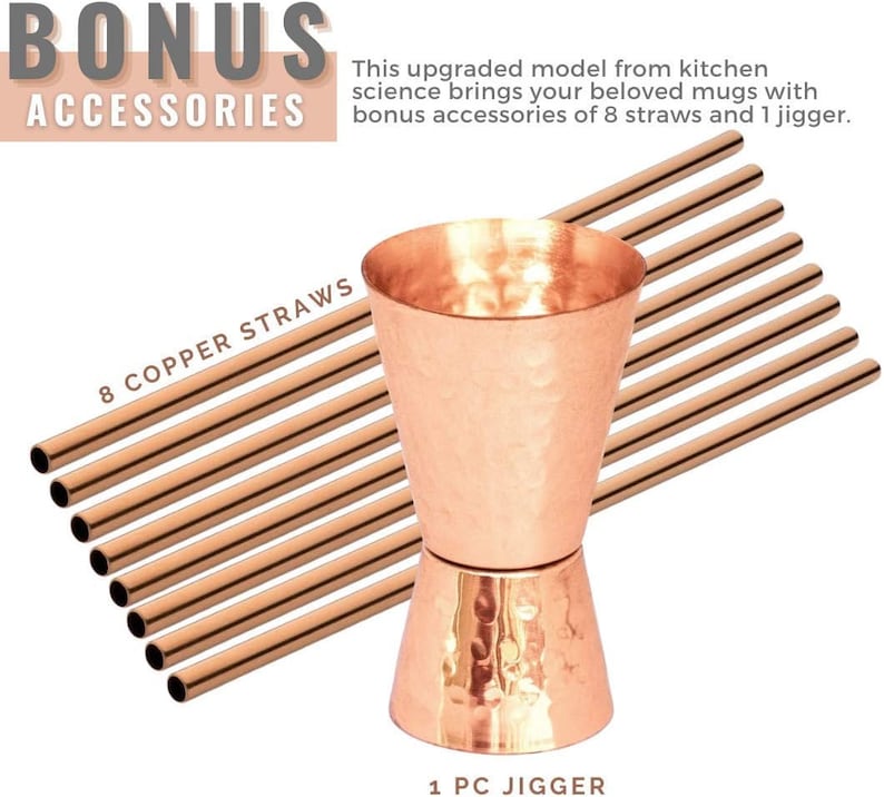 Puede incluir: Un conjunto de accesorios de barra de cobre que incluye un jigger de cobre martillado y ocho pajitas de cobre. El texto "BONUS ACCESSORIES" est&aacute; en la parte superior de la imagen. El texto "8 COPPER STRAWS" est&aacute; en el lado izquierdo de la imagen. El texto "1 PC JIGGER" est&aacute; en la parte inferior de la imagen.