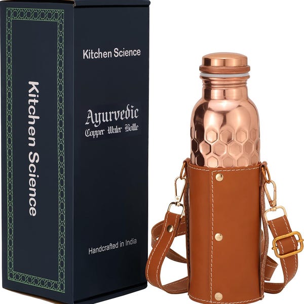 Kitchen Science Authentic Ayurvedic Copper Bottle (34oz/1000ml) Leather Sling | Lab-Tested, Leak-Proof & Heavy-Duty (Tan Brown)