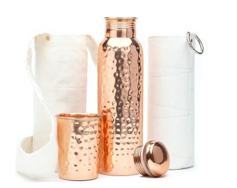 100% Pure Copper Water Bottle (32oz/950ml) w/ Copper Tumbler, Carrying Bag & Deco Sleeve