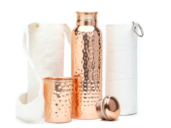 100% Pure Copper Water Bottle (32oz/950ml) w/ Copper Tumbler, Carrying Bag & Deco Sleeve