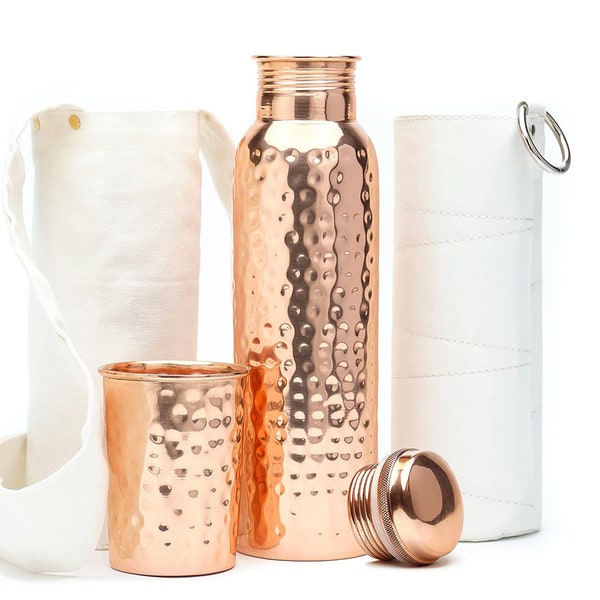 100% Pure Copper Water Bottle (32oz/950ml) w/ Copper Tumbler, Carrying Bag & Deco Sleeve