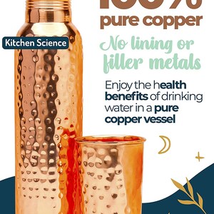 May include: Two copper water bottles with a hammered texture. The larger bottle is taller and has a lid. The smaller bottle is a drinking cup. The text on the image reads "100% pure copper, No lining or filler metals, Enjoy the health benefits of drinking water in a pure copper vessel".
