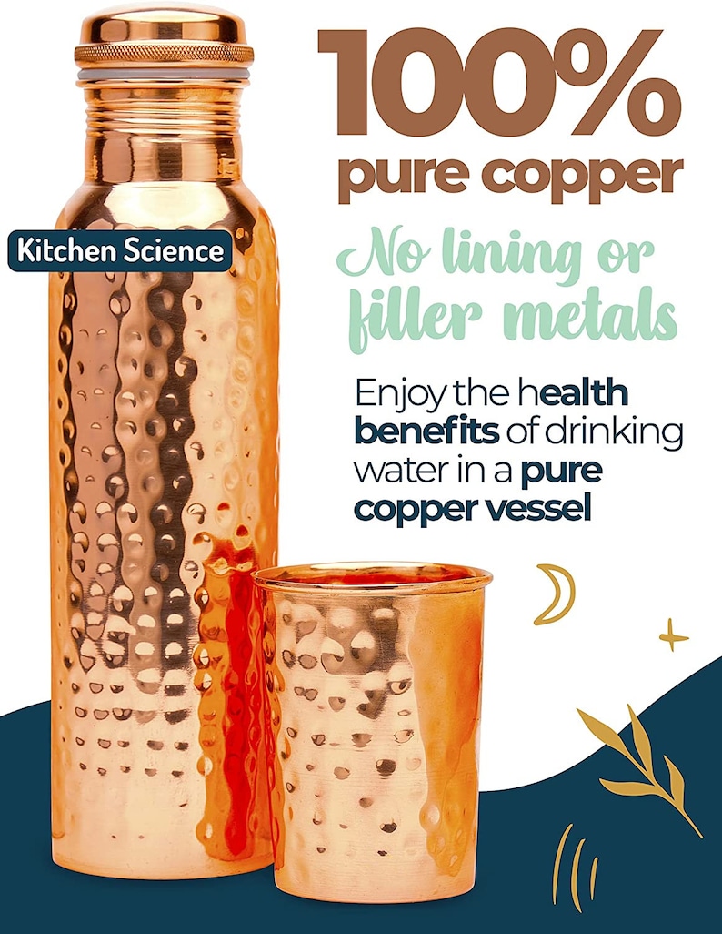 May include: Two copper water bottles with a hammered texture. The larger bottle is taller and has a lid. The smaller bottle is a drinking cup. The text on the image reads "100% pure copper, No lining or filler metals, Enjoy the health benefits of drinking water in a pure copper vessel".