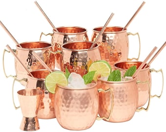 Pure Copper Moscow Mule Mugs Set: 8 Mugs, Straws & Jigger