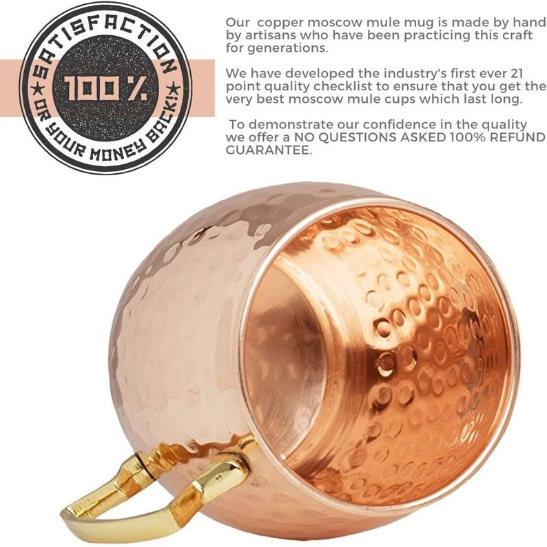 Puede incluir: Un mug de cobre martillado para Moscow Mule con asa dorada. El mug est&aacute; hecho a mano y tiene una garant&iacute;a de satisfacci&oacute;n del 100%.
