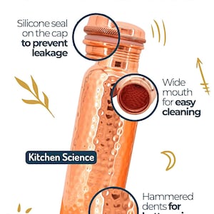 May include: A copper water bottle with a hammered finish. The bottle has a wide mouth for easy cleaning and a silicone seal on the cap to prevent leakage. The text "Kitchen Science" is printed on the bottle.