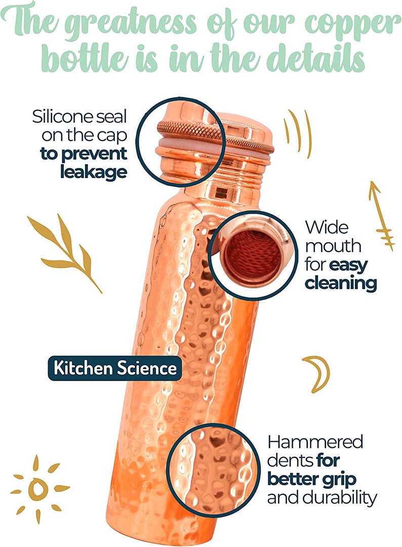 May include: A copper water bottle with a hammered finish. The bottle has a wide mouth for easy cleaning and a silicone seal on the cap to prevent leakage. The text "Kitchen Science" is printed on the bottle.