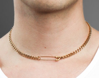 Lex gold safety pin chain choker necklace | waterproof gold grunge aesthetic punk alternative unisex boho adjustable jewelry