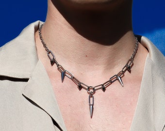 chain necklace w spikes in silver stainless steel | mod grunge punk aesthetic