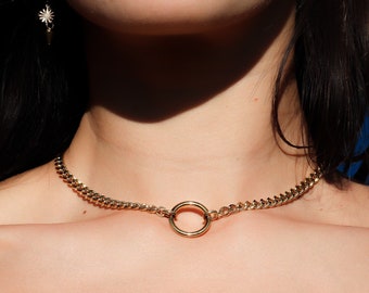 gold O ring adjustable chain choker necklace | minimalist grunge punk alt unisex industrial chain aesthetic jewelry dainty streetwear