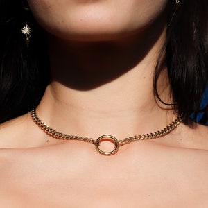 gold O ring adjustable chain choker necklace | minimalist grunge punk alt unisex industrial chain aesthetic jewelry dainty streetwear