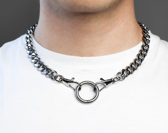 stainless steel double clasp o ring chain necklace | grunge alternative punk industrial style aesthetic jewelry for men unisex silver