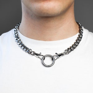 stainless steel double clasp o ring chain necklace | grunge alternative punk industrial style aesthetic jewelry for men unisex silver