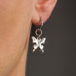 Plie silver butterfly latch back hoop earrings in stainless steel grunge punk alternative fairy y2k aesthetic image 1