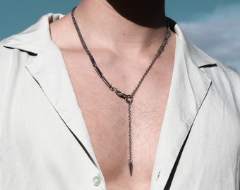 Grunge Lariat Silber Stahl Kette Halskette mit Spike | industrieller Streetwear Schmuck