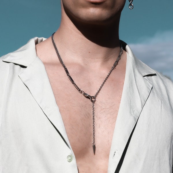 collar de cadena de acero plateado lariat grunge con espiga / joyería industrial streetwear