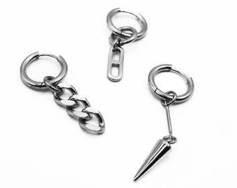 HAUS / Pack de pendientes de aro con cadena simple y pincho estilo grunge - punk gótico alternativo