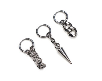 Sly stainless steel grunge hoop earring three pack | modern aesthetic punk jewelry goth spike chain silver hoop earrings