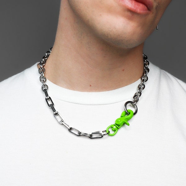 Industrial Grunge Adjustable Chain Necklace w Green Clasp | statement necklace, punk alternative, streetwear fashion, mens jewelry, rave