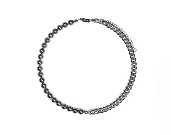 HARLO | hand made dark grey pearl and steel chain necklace half & half adjustable aesthetic jewelry fashion choker mens unisex