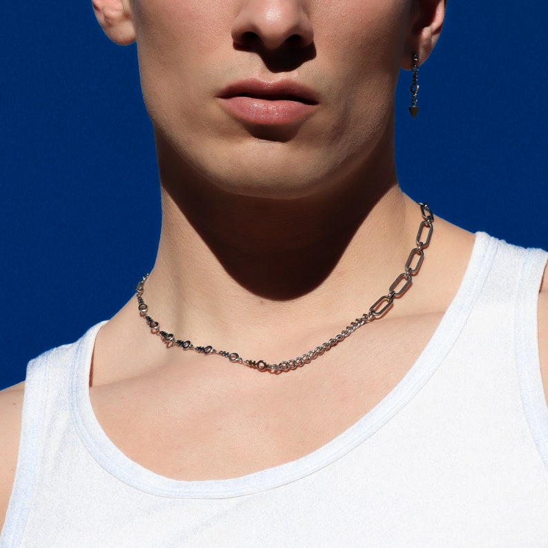 deconstructed grunge chain mini necklace in stainless steel industrial cyber punk streetwear aesthetic jewelry 画像 5
