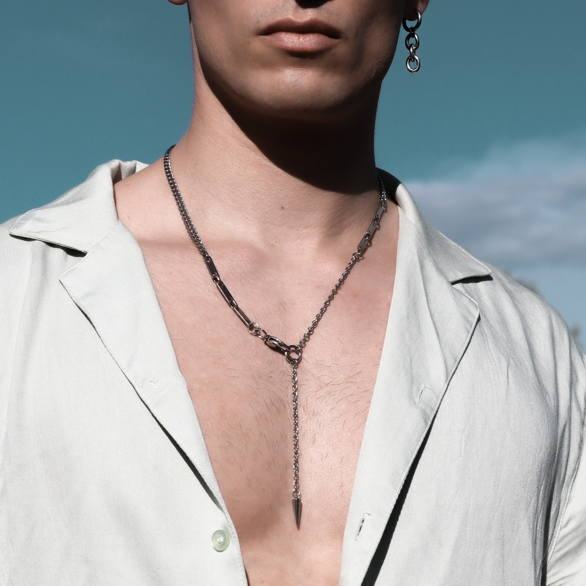 Grunge Lariat Silver Steel Chain Necklace With Spike Industrial
