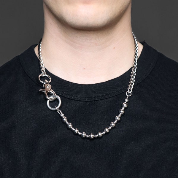 KOMET | stainless steel hand made ball and chain necklace with statement clasp | modern industrial grunge punk style alternative