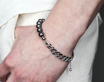 Limn | hand made dark grey pearl and silver chain half and half bracelet jewelry mens unisex accessories stainless steel
