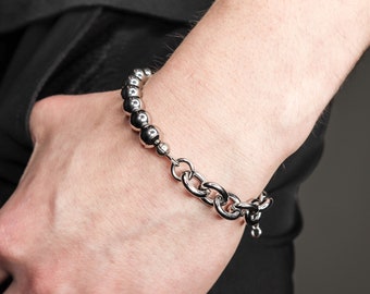 Mitte | silver steel hand made bead and chain adjustable bracelet | grunge fashion aesthetic sleek modern futuristic unisex jewelry