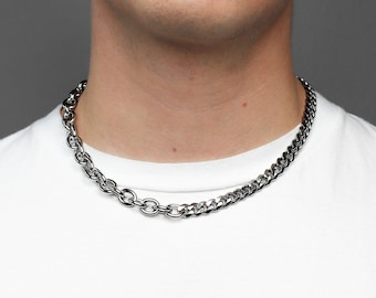 stainless steel duo chain necklace | grungecore, aesthetic necklace, industrial punk, modern streetwear, alternative, rave, mens jewelry