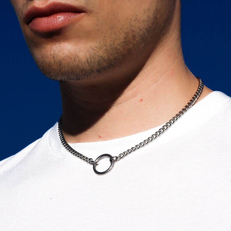 stainless steel O ring adjustable choker necklace silver minimalist grunge punk alternative unisex industrial chain aesthetic jewelry image 3