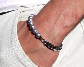 lavender pearl and silver chain half and half bracelet