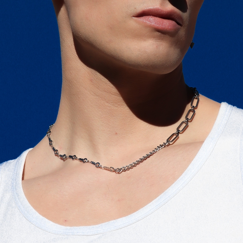 deconstructed grunge chain mini necklace in stainless steel industrial cyber punk streetwear aesthetic jewelry 画像 4