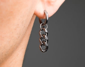 curb chain latch back hoop earrings in stainless steel | grunge punk alternative aesthetic jewelry huggie hoop unisex streetwear accessories