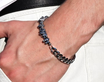 spine silver stone and steel chain bracelet | modern bohemian industrial grunge punk alternative streetwear jewelry aesthetic accessories