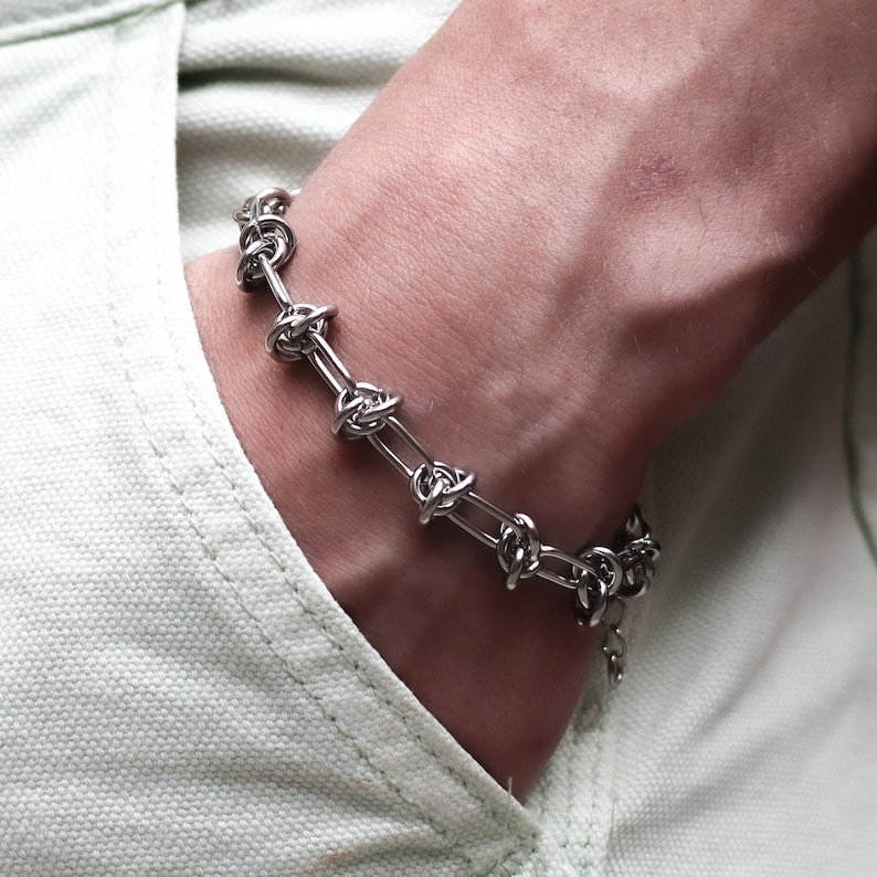 silver steel knotted chain bracelet modern grunge aesthetic style stainless steel image 1