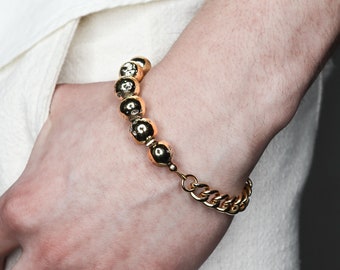 STEIGAN | gold stone bead and chain bracelet | modern futuristic grunge boho hand made stainless steel adjustable unisex jewelry