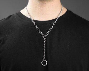 Collier de chaîne en acier inoxydable grunge en forme de Y réglable | o ring, lariat, punk, bijoux esthétiques, unisexe, bijoux streetwear, délirer