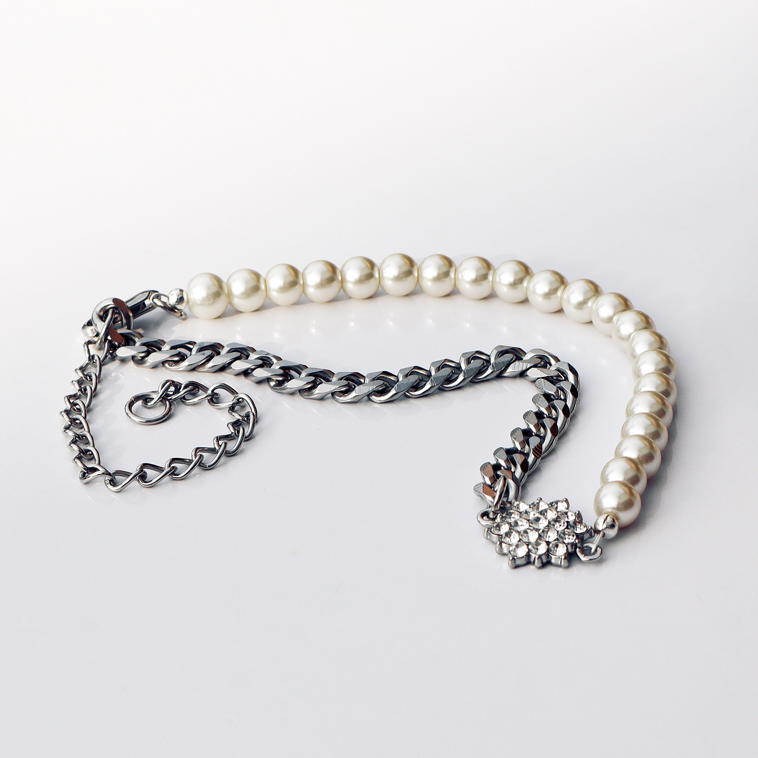 Half & Half Pearl and Steel Chain Necklace Swarovski Etsy