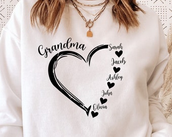 Custom Grandma Sweatshirt, Grandma Heart Sweat, Grandkids Name Shirt, Gift For Grandma, Nana Crewneck
